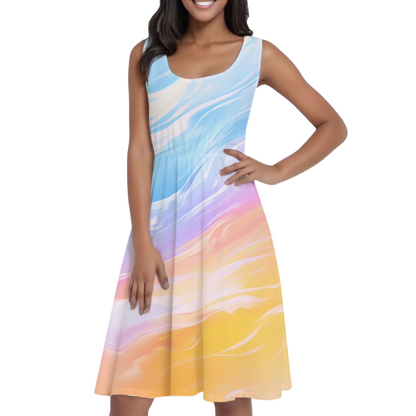 thumbnail image 2 of Vestido informal de mujer con cuello redondo estampado y tirantes - Largo hasta la rodilla, corte A, poliéster/spandex, versátil para la playa/fiestas/uso diario, tallas S-XXL, 2 of 5
